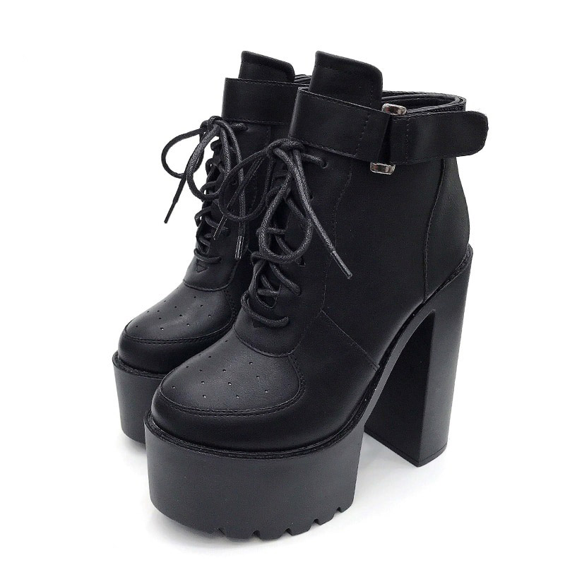 Womens lady Shoes Lace Up Chunky Heel Platform Punk Goth Creeper Ankle Boots