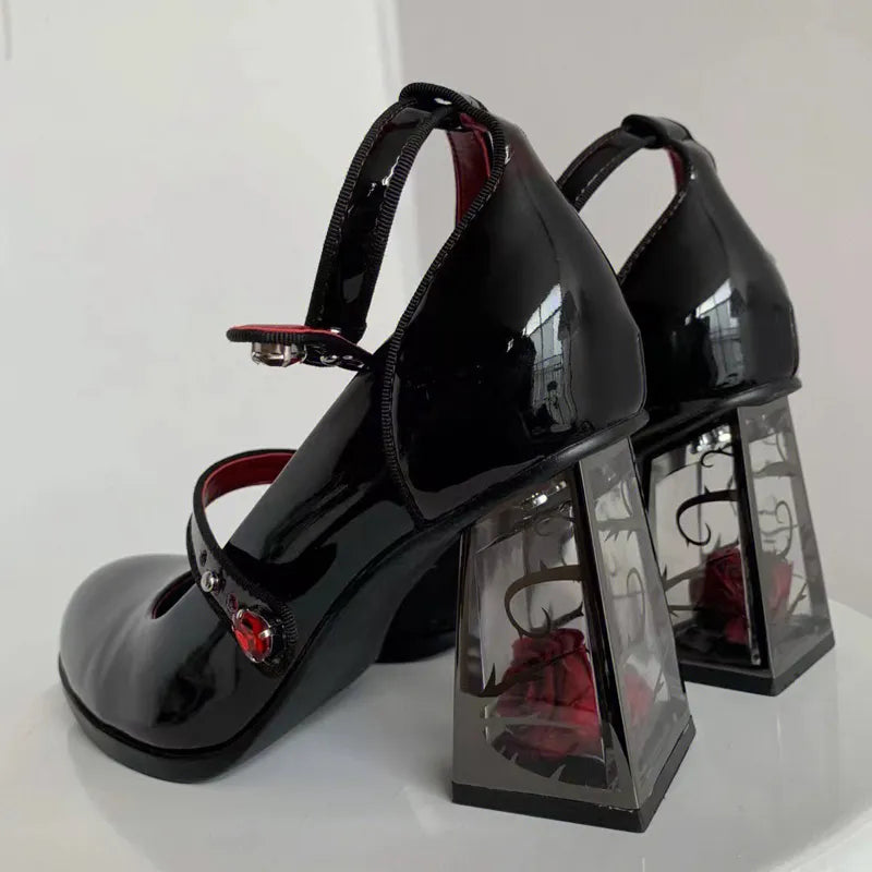 Rose Punk Gothic High Heels Lolita Shoes Black Mary Jane Shoes