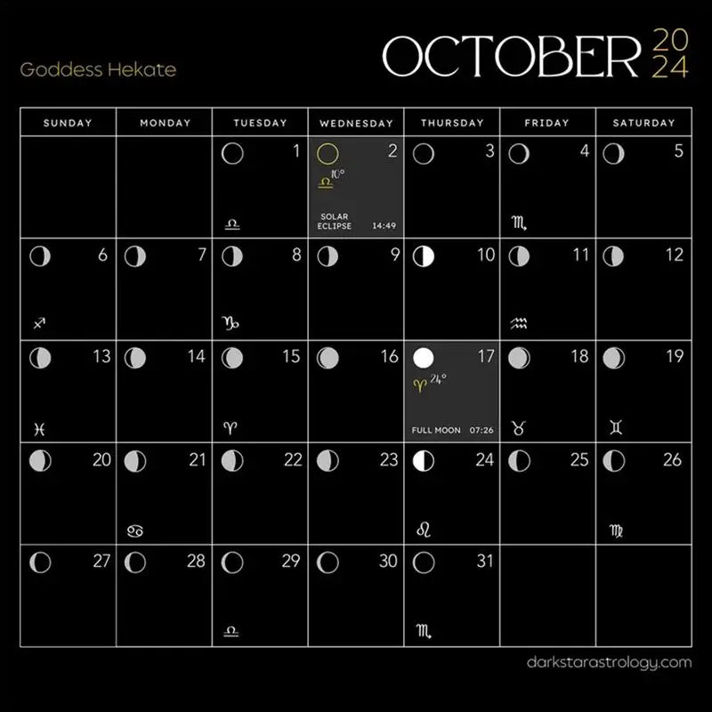 Dark Goddess 2024 Calendar Moon Phase Wall Art Lunar Calendar