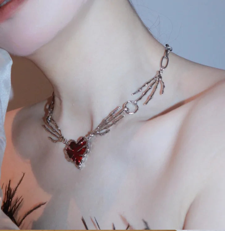 Punk Dark Red Love Necklace Exaggerated Collar Chain Ghost Claw Gothic Necklace