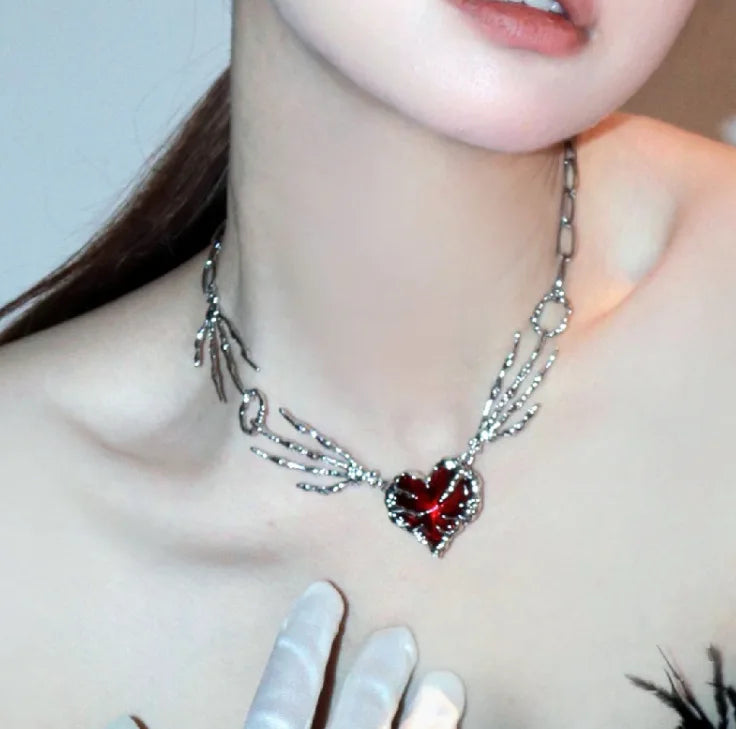 Punk Dark Red Love Necklace Exaggerated Collar Chain Ghost Claw Gothic Necklace