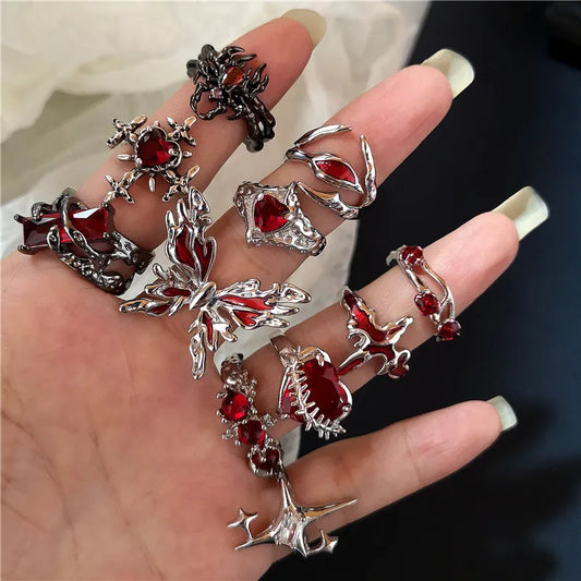 Red Crystal Glass Heart Aesthetic Rings Gothic Animal Spider Ring Y2K Jewelry