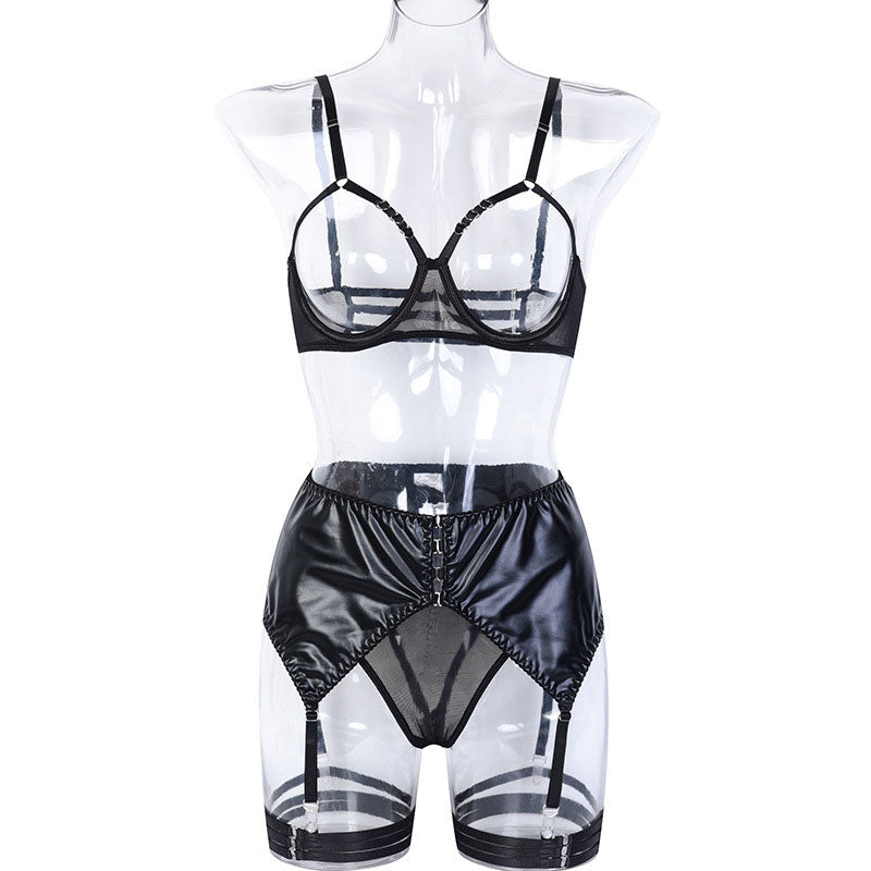 2022 Chain Perspective Hollow Out Leather Sexy Lingerie Set