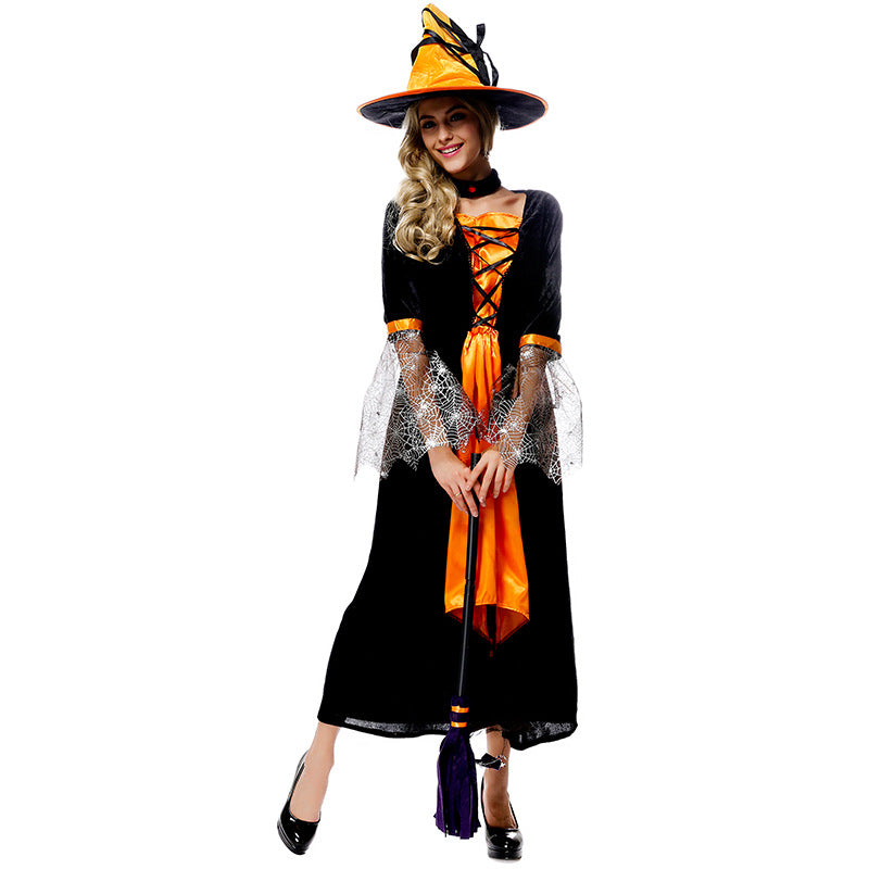 Orange Black Spider Net Witch Cosplay Costume Halloween/Stage Performance/Party