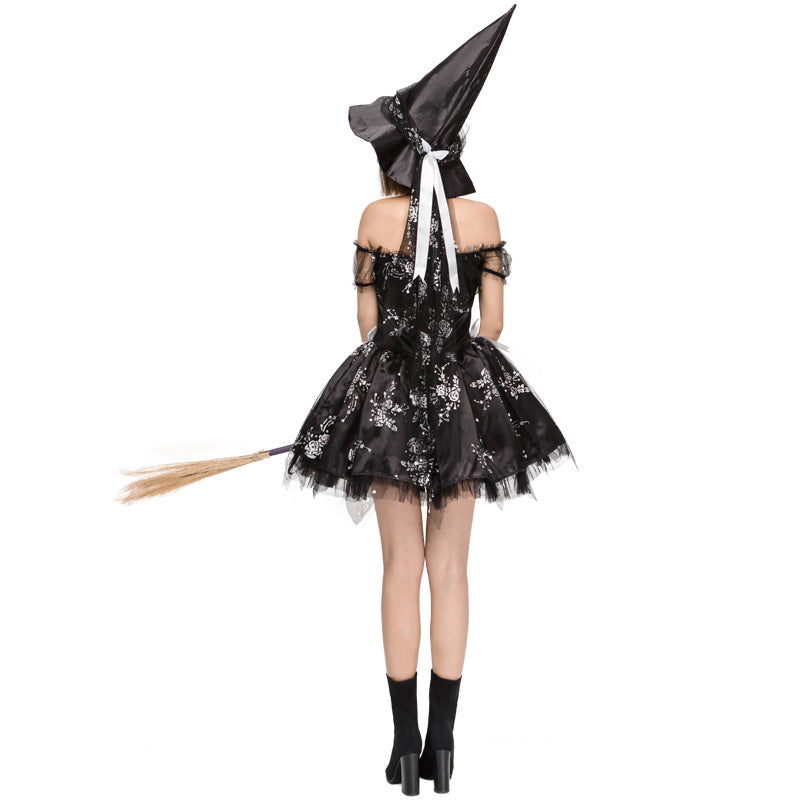 Black Rose Printed Pouf Witch Cosplay Costume Halloween/Stage Performance/Party