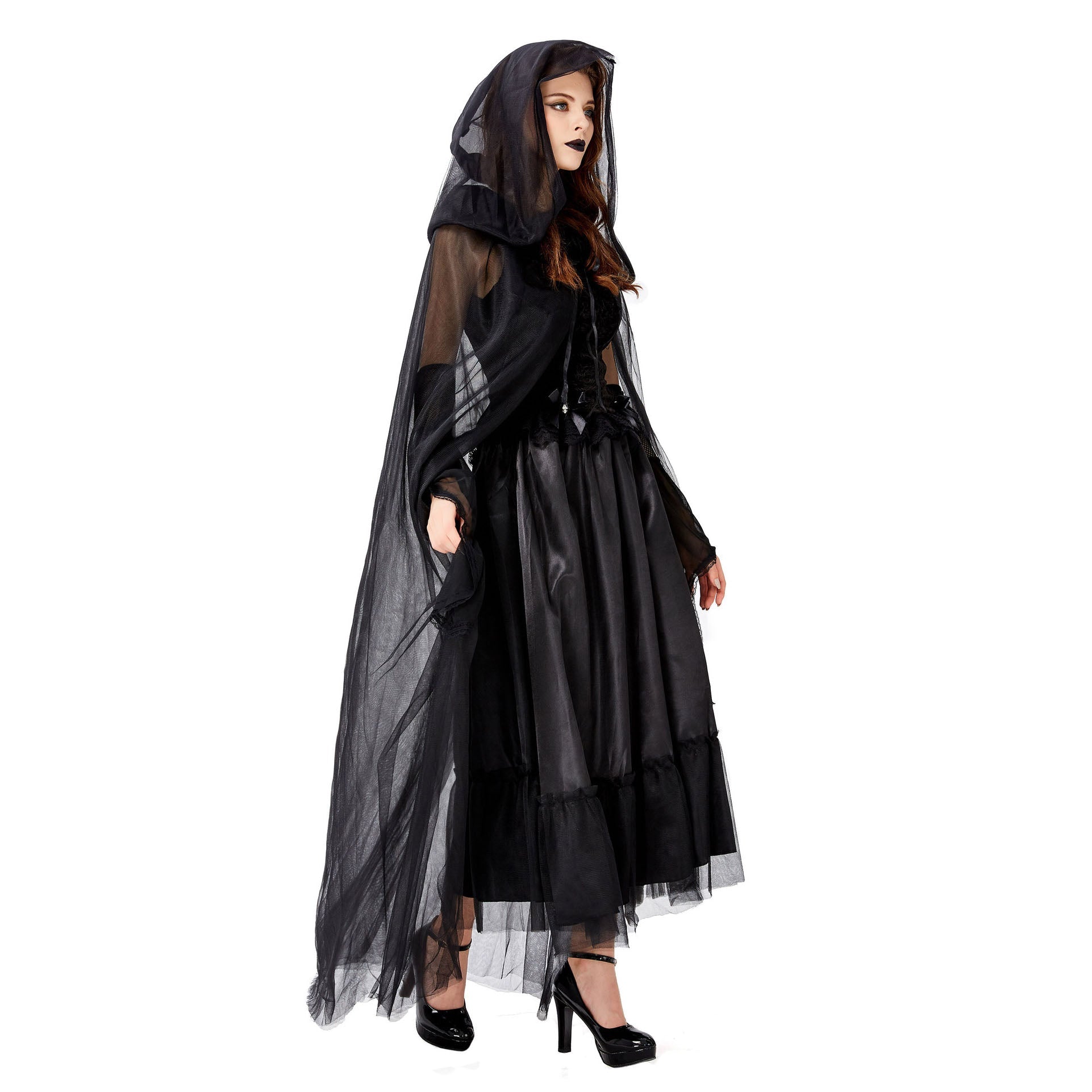 Adult Women's Black Vampire Witch Ghost Bride Halloween Cosplay Costume Dress