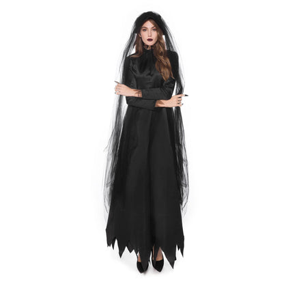 Adult Women's Black Witch Ghost Bride Halloween Cosplay Costume Dress