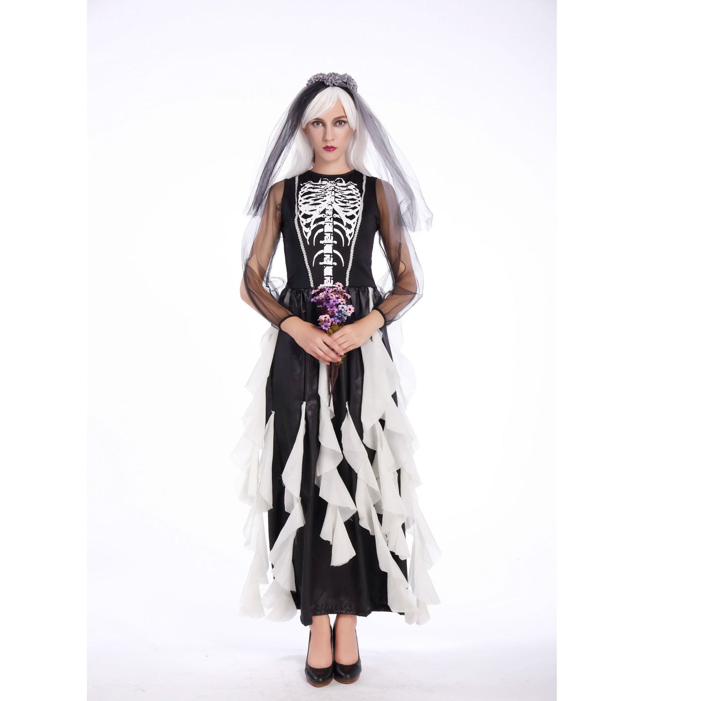 Adults Women Black and White Skeleton Bride Wedding Dress Halloween Cosplay Costume