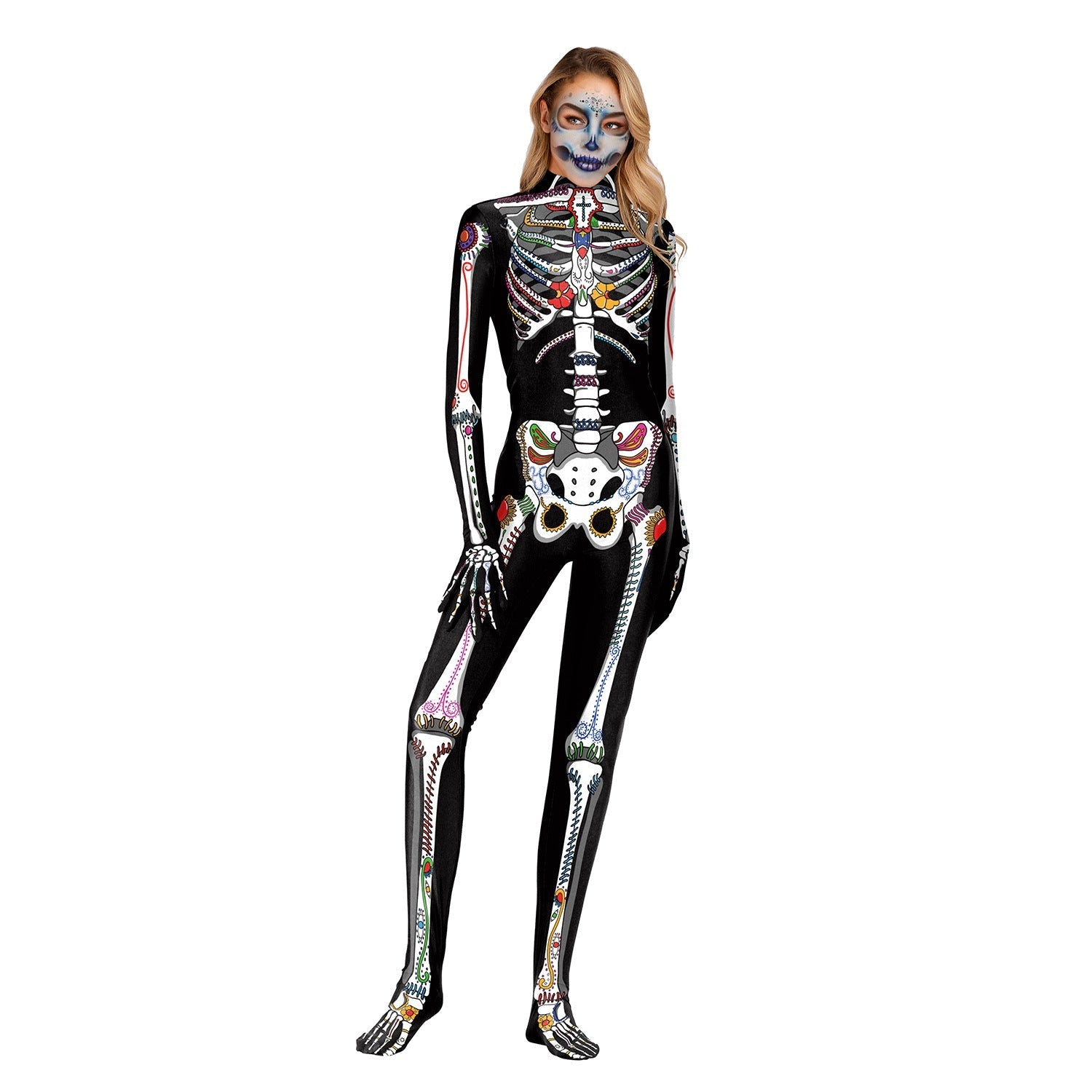Adults Women Cartoon Colorful Skeleton Jumpsuit Halloween Cosplay Costume