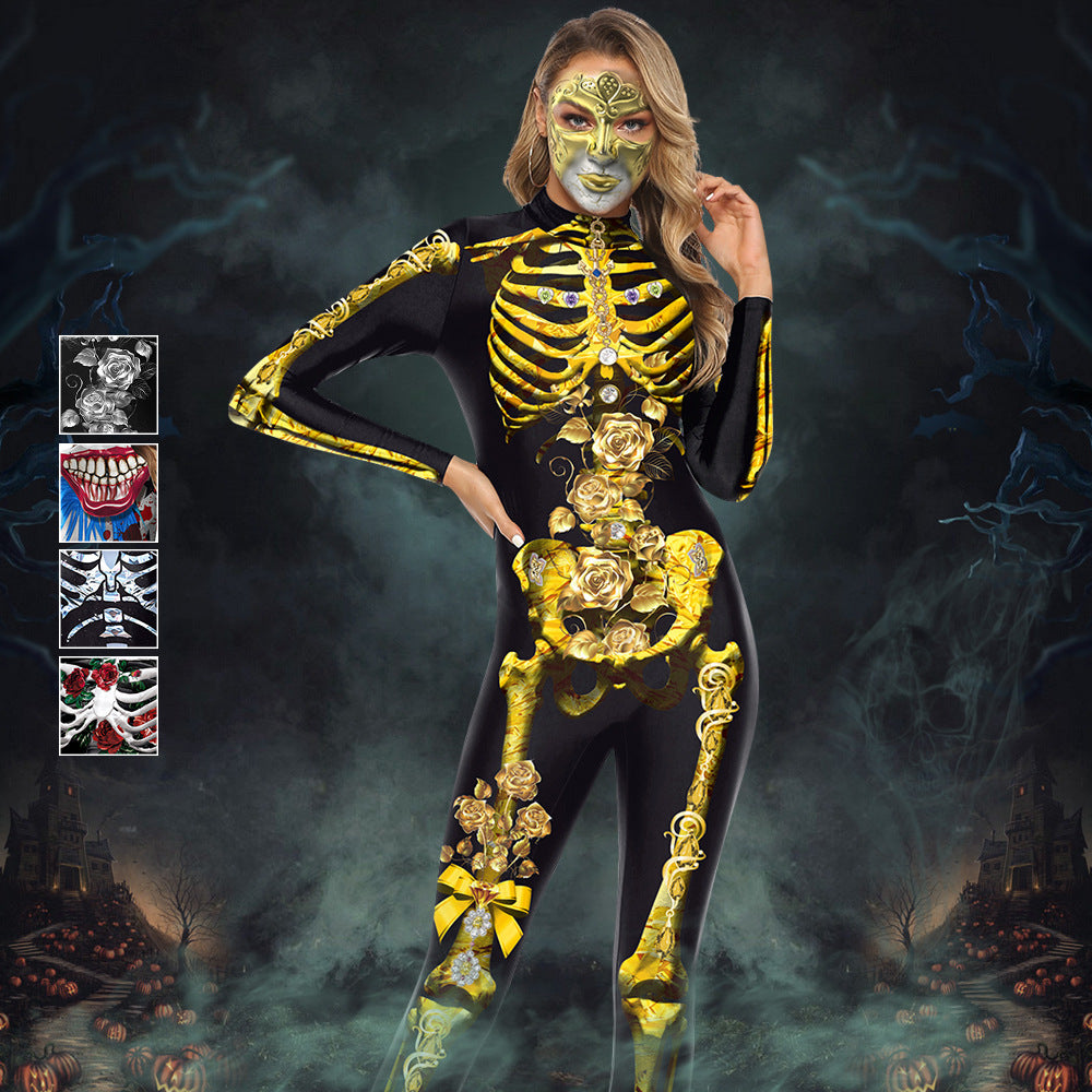 Adults Women Golden Skeleton Bride Halloween Cosplay Costume Jumpsuit