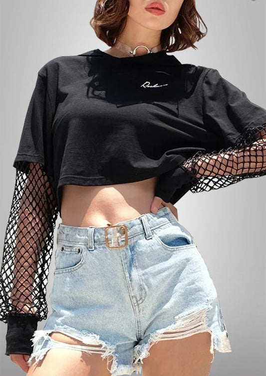 Fishnet Sleeve Crop Top Hoodie 