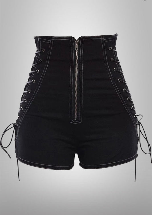 Black Lace Up High Waist Shorts 