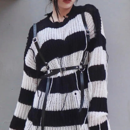 Blight' Grunge Black & White Striped Sweater