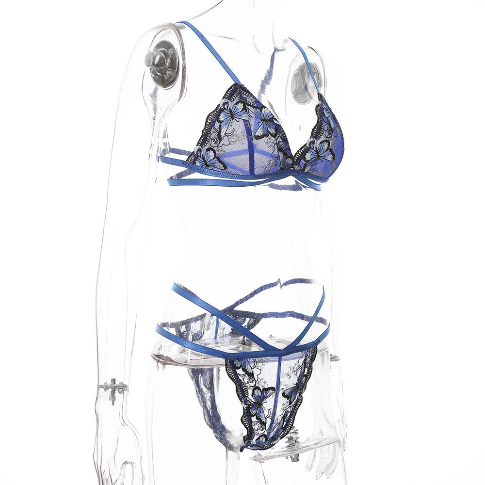 Butterfly Embroidered Lace Trim Blue Sexy Lingerie Set