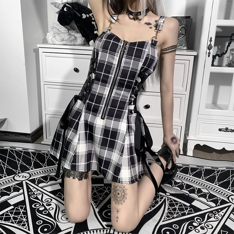 Alternative girl zipper ribbon suspender dress C01123