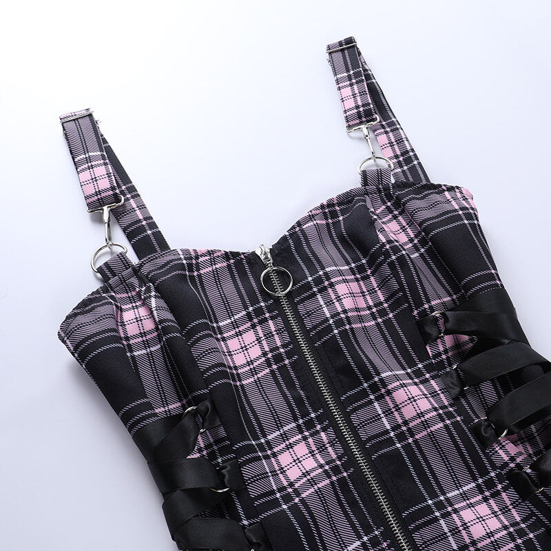 Alternative girl zipper ribbon suspender dress C01123