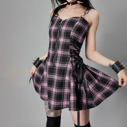 Alternative girl zipper ribbon suspender dress C01123