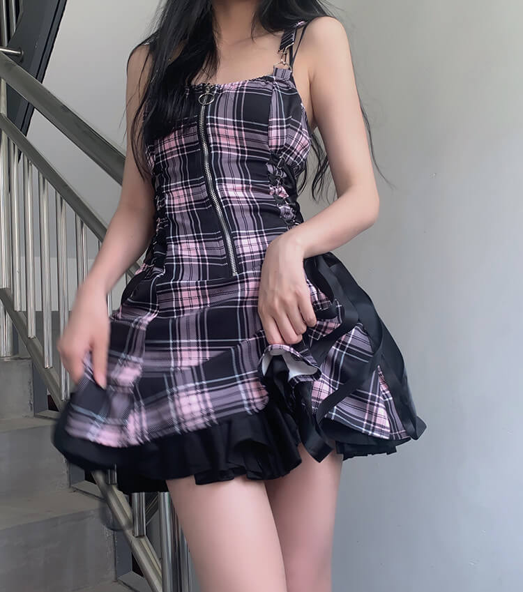 Alternative girl zipper ribbon suspender dress C01123