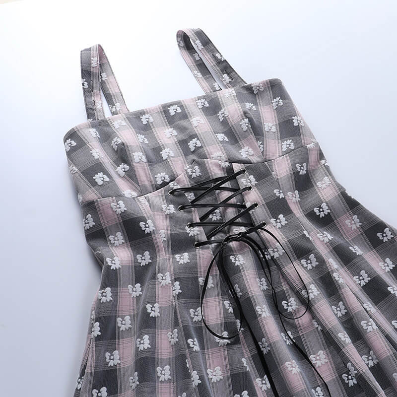Pink Grid Banding Suspender Dress C01180