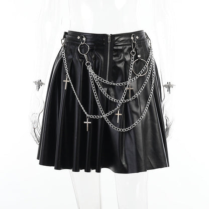 Punk A-line pleated skirt with decorative cross ring chain