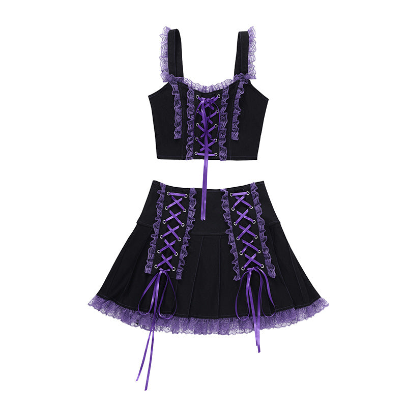 Gothic aesthetic purple lace ribbon skirt k0032