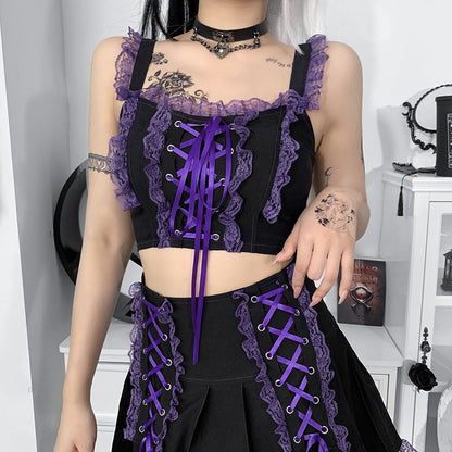 Gothic aesthetic purple lace ribbon skirt k0032