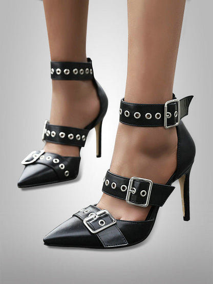 Call Me Queen Pointed Toe Buckle Rivets Heels 
