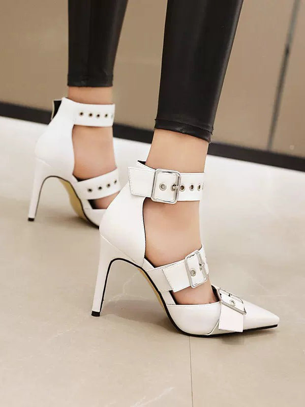 Call Me Queen Pointed Toe Buckle Rivets Heels 