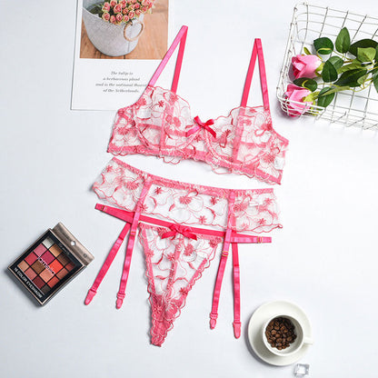 Christmas Embroidery Large Floral Leaf Stitching Sexy Lingerie Set