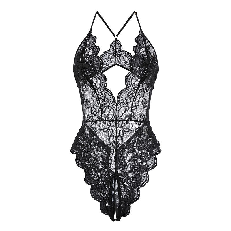 Deep V low-cut temptation lace perspective hollow tight sexy bodysuit