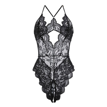 Deep V low-cut temptation lace perspective hollow tight sexy bodysuit