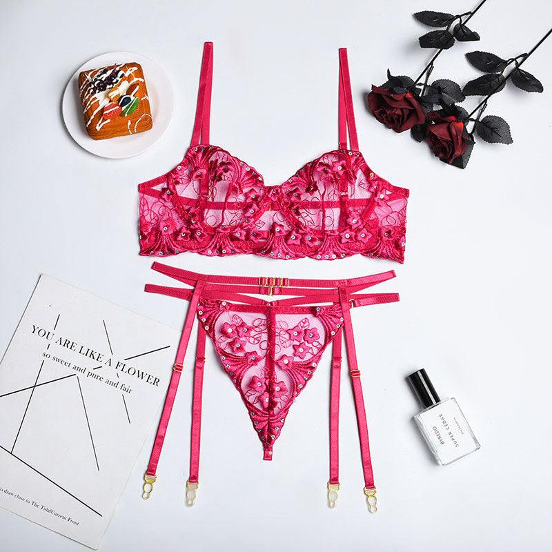 Embroidered Flower Sequin Stitching Sexy Lingerie Three-Piece Set