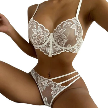 Embroidered Mesh Embroidered Flower White Sexy Lingerie Set