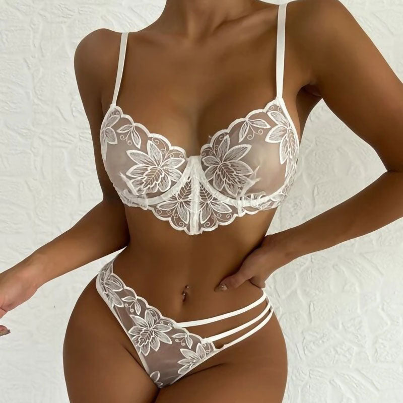 Embroidered Mesh Embroidered Flower White Sexy Lingerie Set