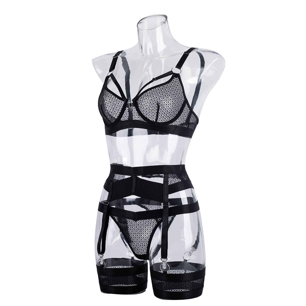 Fashion fishnet with underwire garter belt four-piece sexy lingerie set