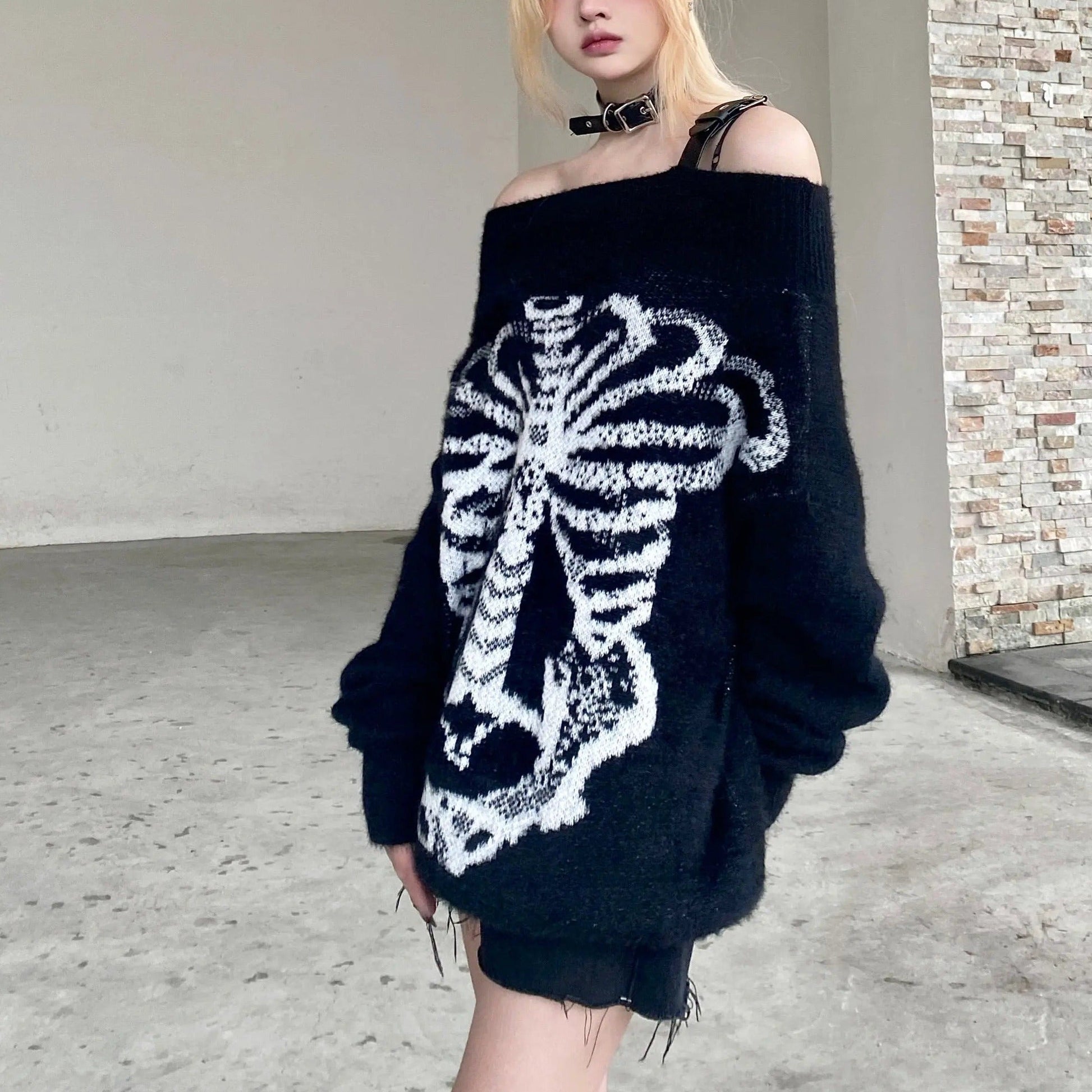Flower Bone' Dark Pattern Shoulder Off Oversized Sweater