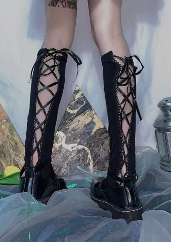 Gothic Style Ribbon Crisscross Stockings 