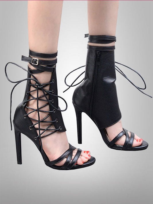 Hollow Out Lace Up High Heels 