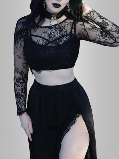 Mesh Top Split Skirt Set 