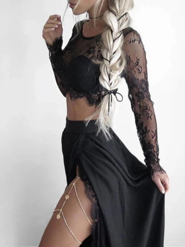 Mesh Top Split Skirt Set 