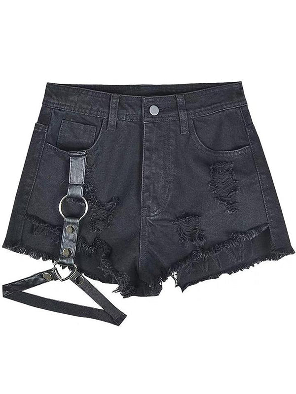 Ripped Denim Shorts With Pants Clip 