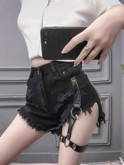 Ripped Denim Shorts With Pants Clip 