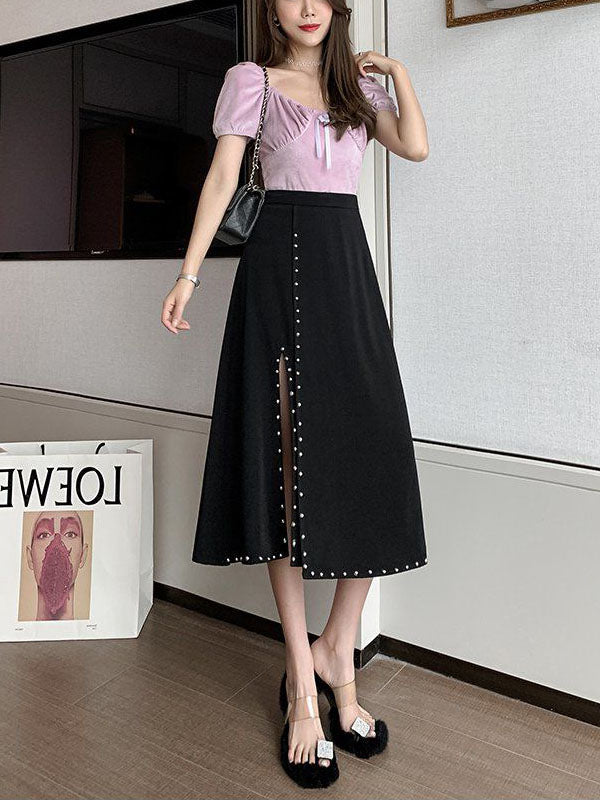 Rivet Split Design Long Skirt 