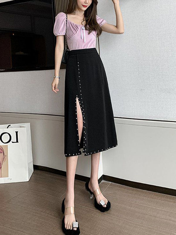 Rivet Split Design Long Skirt 