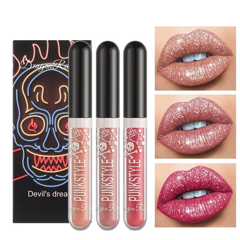 Devil's Dream Halloween Diamond Glitter Lip gloss Kit Waterproof Glitter Liquid Black Lipstick Shiny Lip Tint