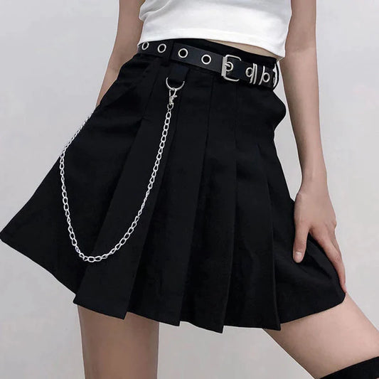 Punk goth buckles chains pleated skirt