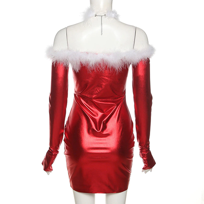 Nikki Solid Faux Fur Off Shoulder Christmas Dress