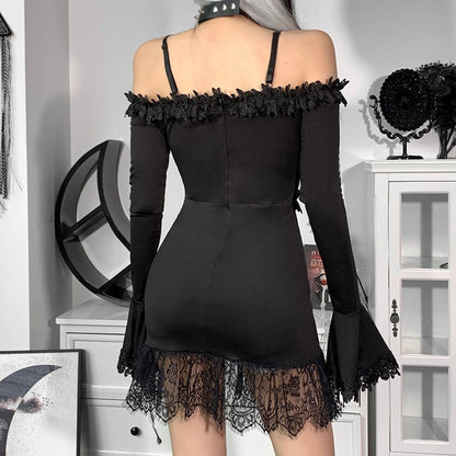 Witchy Clothing Gothic Sexy Off Shoulder Lace Tirm Dress Gothic Clothing