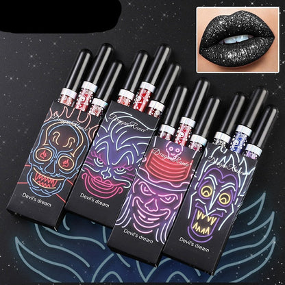 Devil's Dream Halloween Diamond Glitter Lip gloss Kit Waterproof Glitter Liquid Black Lipstick Shiny Lip Tint