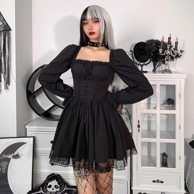 Witchy Clothing Gothic Sexy Black Lace Up Dress Gothic Clothing